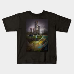 Man on Phone in Urban Park with Skyscrapers Kids T-Shirt